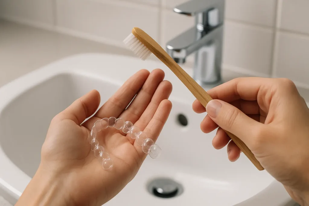 Mano sosteniendo un alineador Invisalign transparente mientras se limpia con un cepillo dental de bambú frente a un lavabo moderno