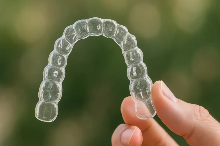 Alineador transparente de Invisalign en San José sostenido cuidadosamente por una mano, mostrando su diseño personalizado y puntos de sujeción para tratamiento ortodóntico invisible