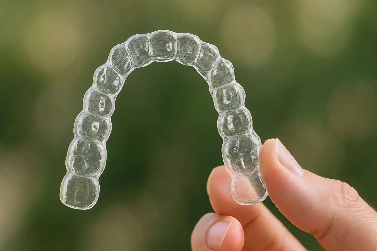 Alineador transparente de Invisalign en San José sostenido cuidadosamente por una mano, mostrando su diseño personalizado y puntos de sujeción para tratamiento ortodóntico invisible