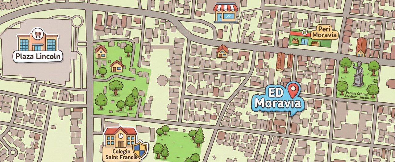 Mapa ilustrado para llegar a ED Moravia, entre el Parque Central de Moravia y Plaza Lincoln, en San Vicente de Moravia
